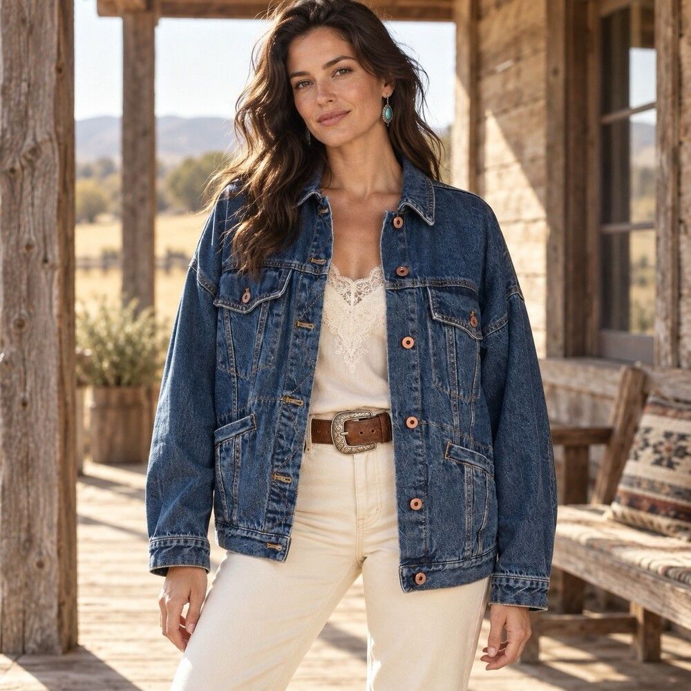 Pilcro Anthropologie Oversized Denim Boyfriend Trucker Jacket Utility Pockets M